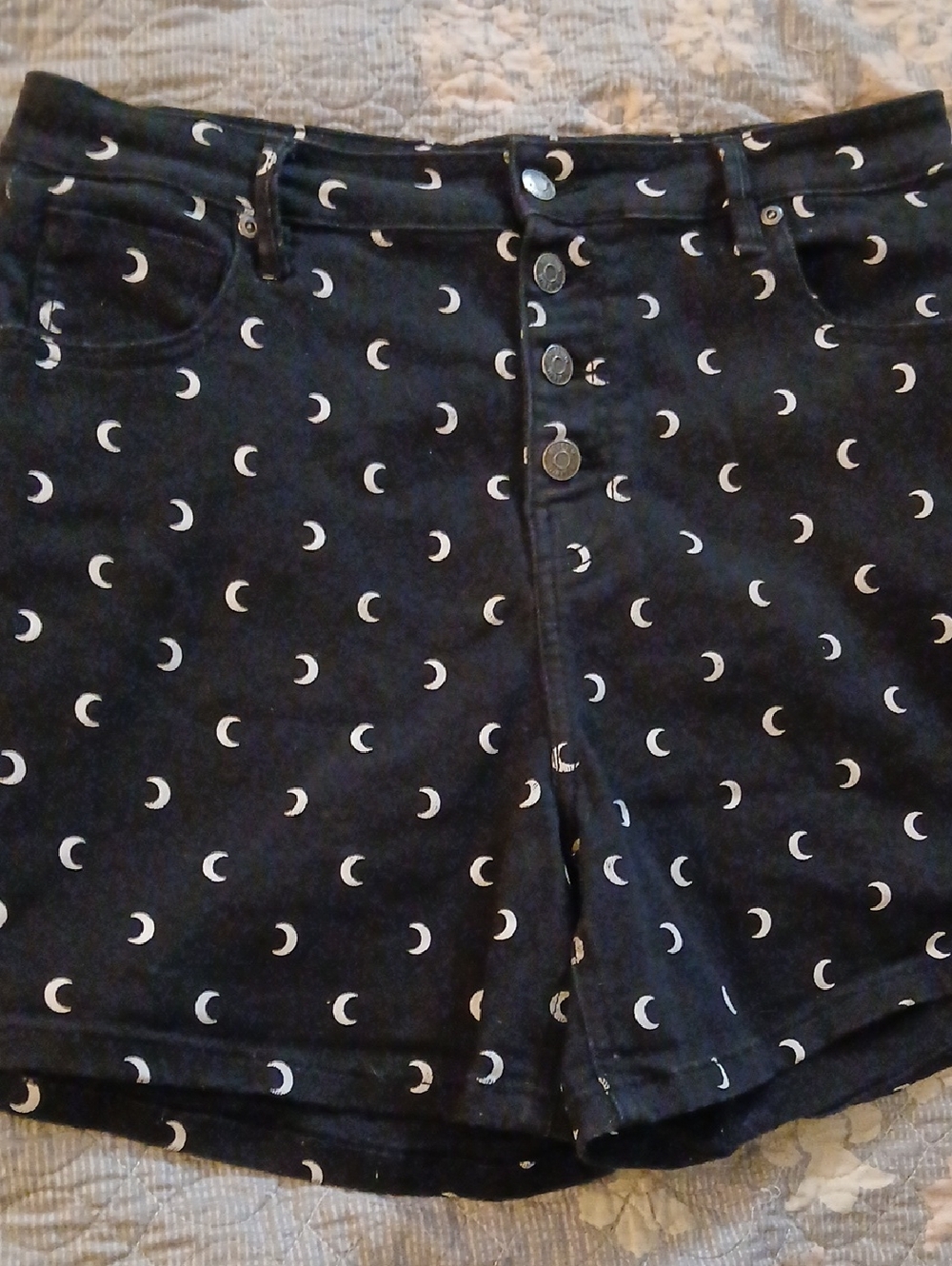 High-Waist Black Moon-Print Denim Shorts